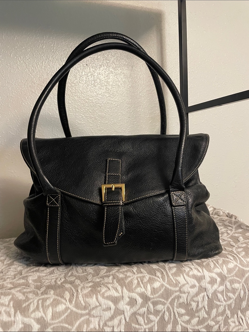 Black Leather Shoulder Bag with Gold Buckle